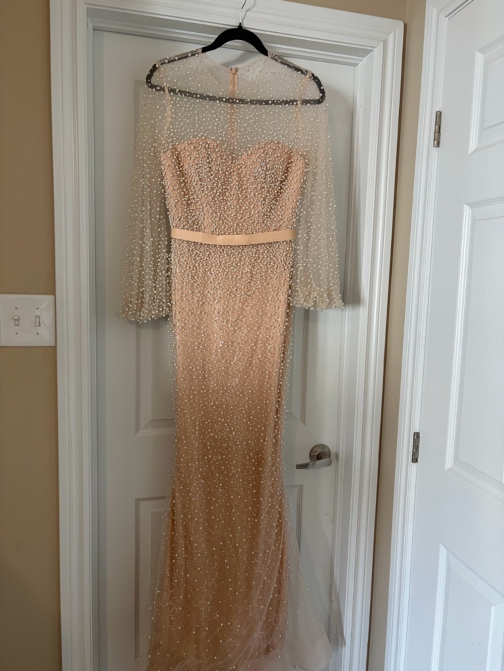 Strapless Beaded Evening Gown in Blush Peach - Picture 1 of 4
